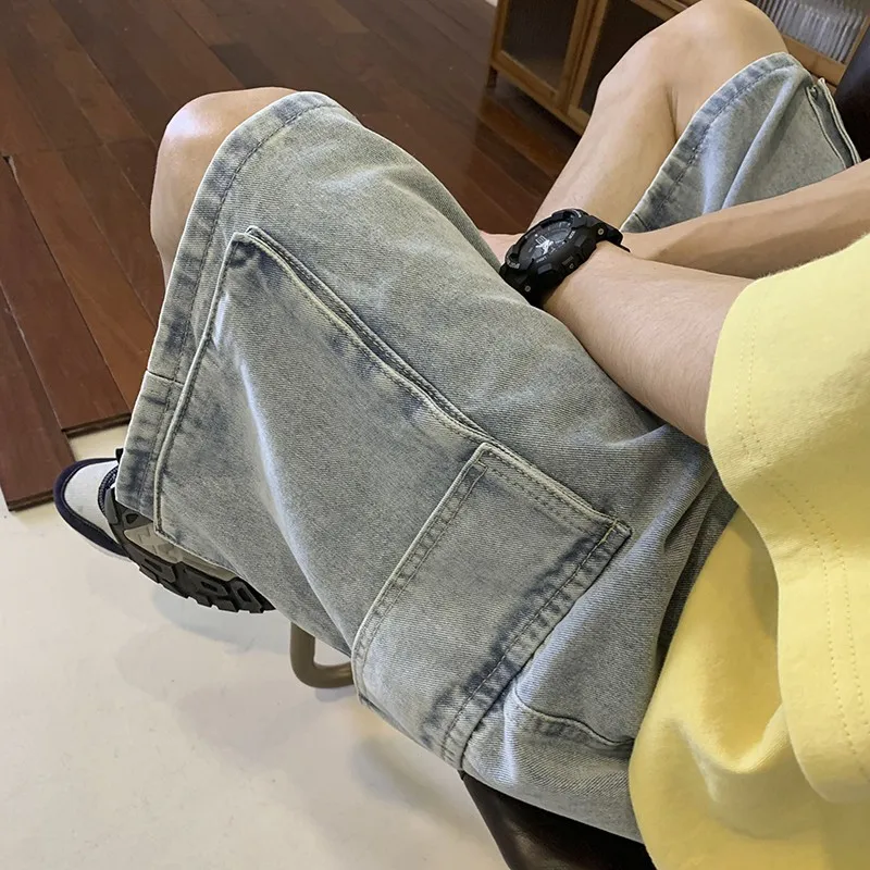 Men'S Fashion Loose Pants - Pantalones Cortos Cargo de Mezclilla Coreanos